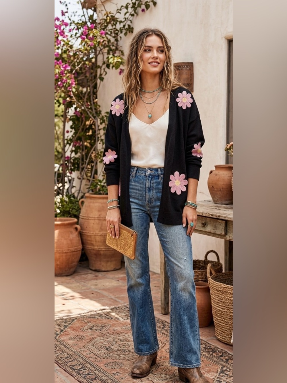 Aeda Floral Black Sweater with Pink Floral Accents 1X Barbiecore Coquette Boho